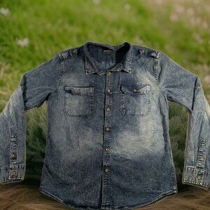 Airwalk Button Up Denim Shirt Men's Size L Blue Short Sleeves Stretch Casual